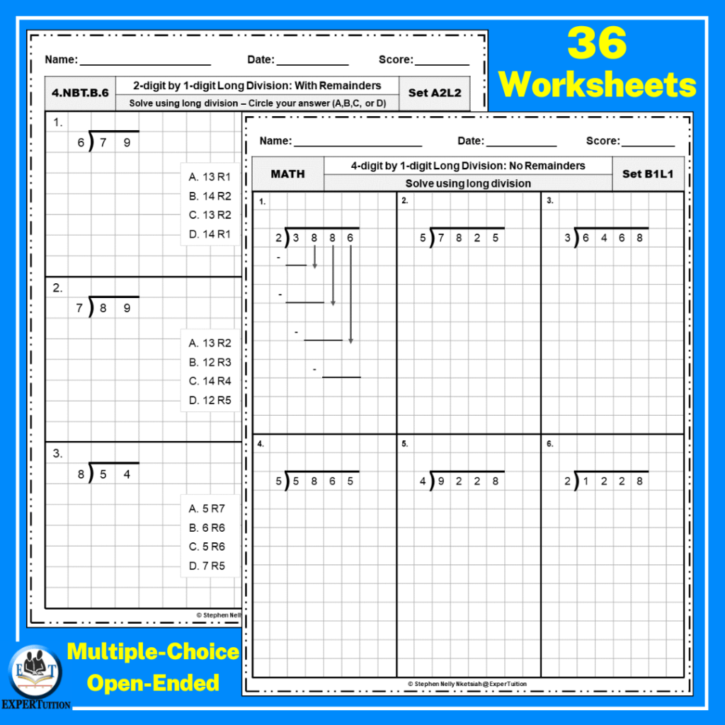 Long Division For Grade Worksheets And Task Cards Bundle Expertuition