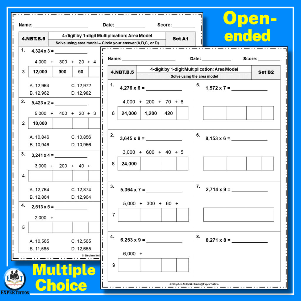4 Digit by 1 Digit Area Model Multiplication Worksheets ExperTuition