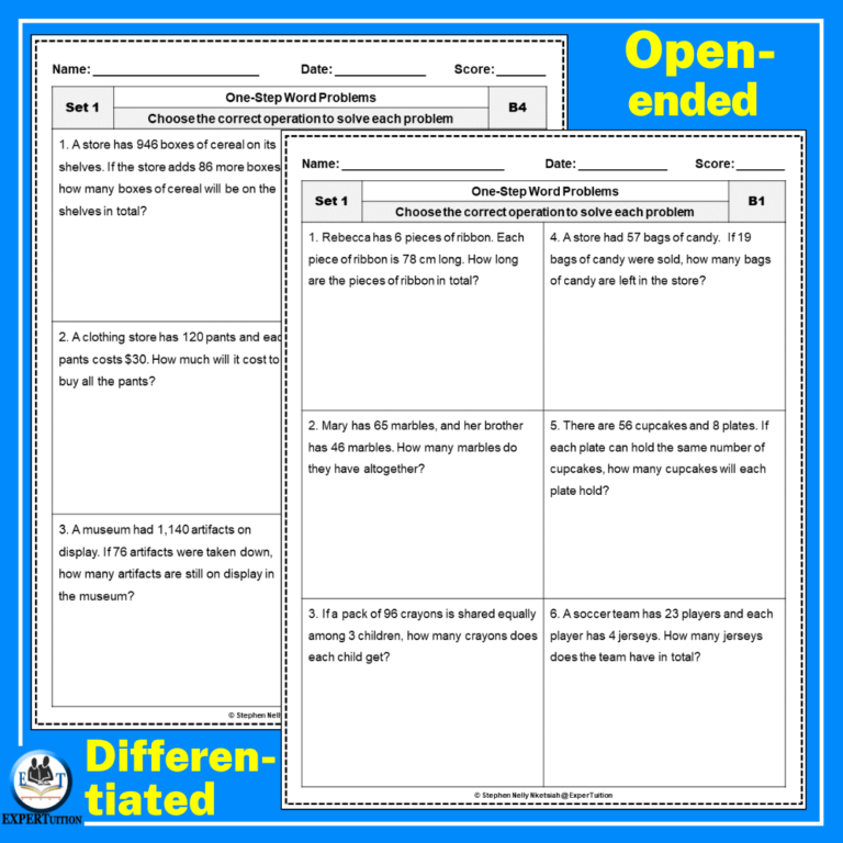 One Step Word Problems Worksheets Set Expertuition