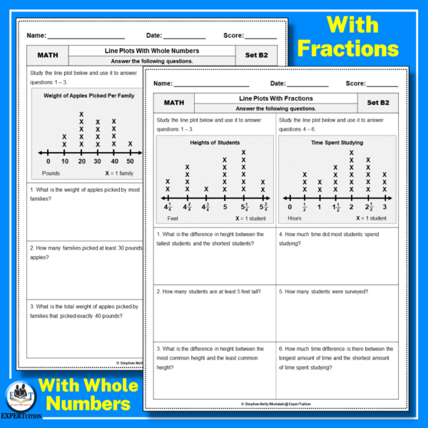 4th 5th grade line plots with fractions and line plots with whole numbers