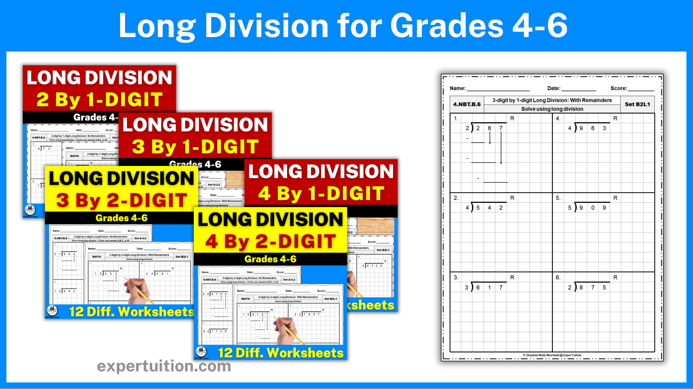 Long division worksheets for grade 4, 5, 6