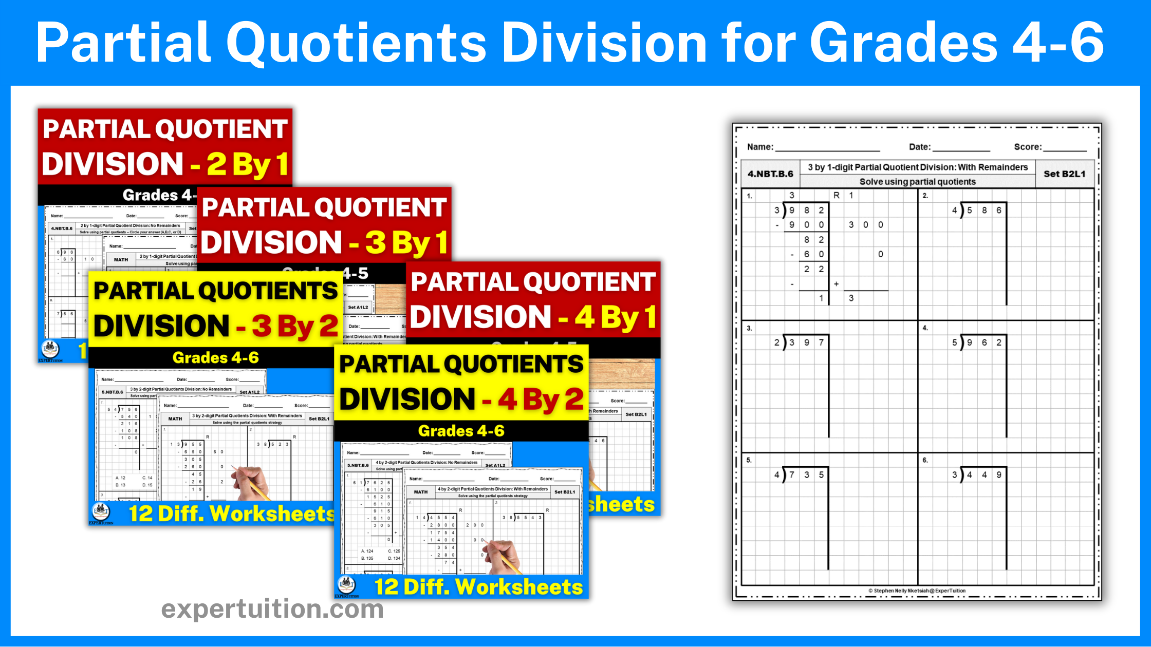 partial quotients division worksheets for grade 4, 5, 6
