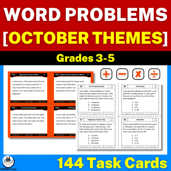 one-step multi-step word problems all operations with October themes task cards