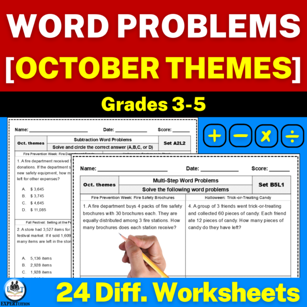 one-step multi-step word problems all operations with October themes worksheets