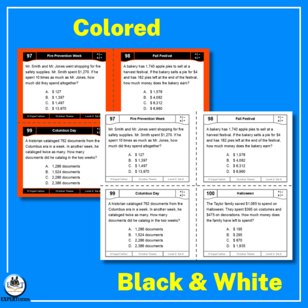 one-step multi-step word problems with October themes task cards