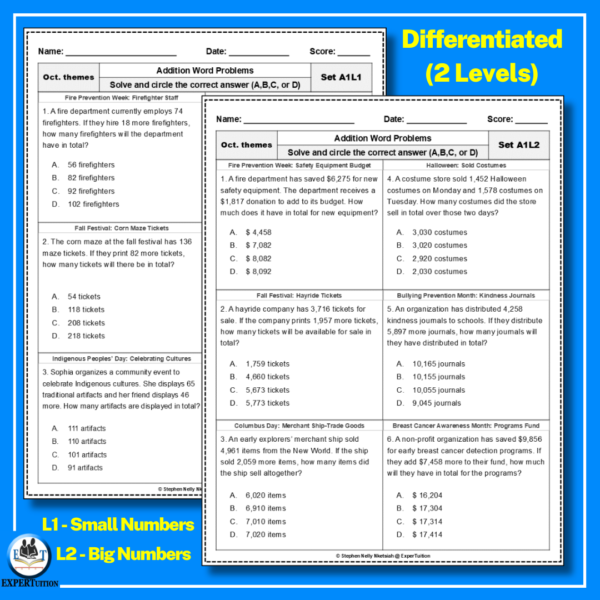 one-step multi-step word problems with October themes worksheets