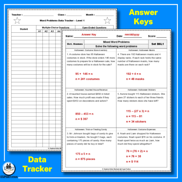 one-step multi-step word problems with October themes worksheets