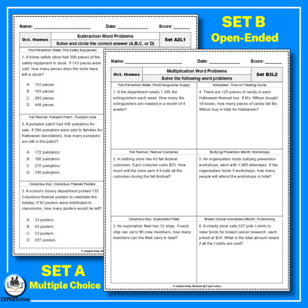 one-step multi-step word problems with October themes worksheets