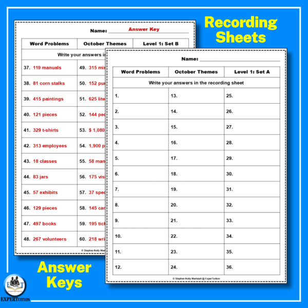 word problems with October themes task cards