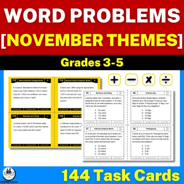 one-step and multi-step word problems all operations with November themes task cards