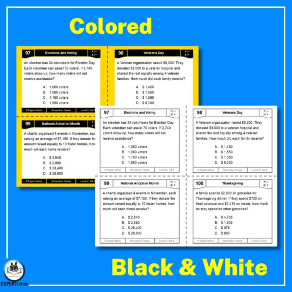 one-step and multi-step word problems with November themes task cards