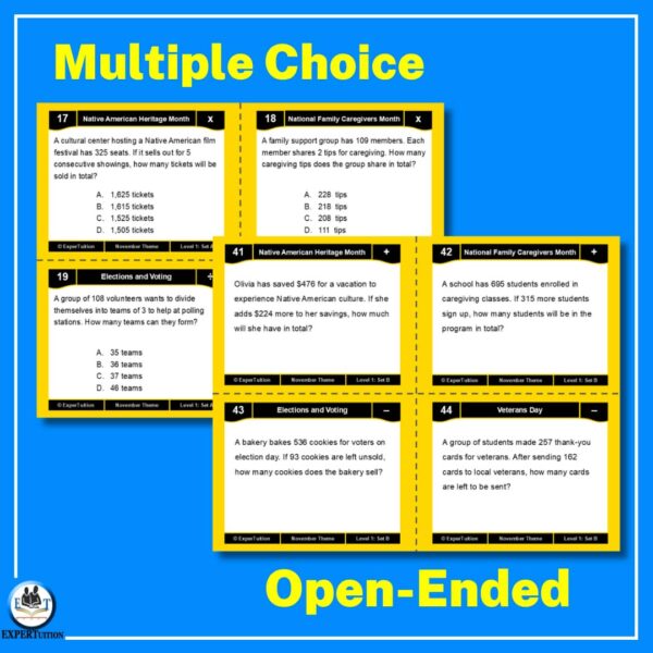 one-step and multi-step word problems with November themes task cards