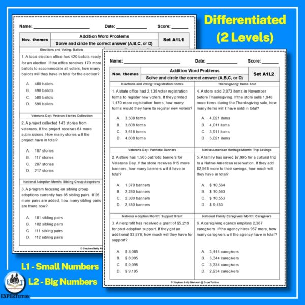 one-step multi-step word problems with November themes worksheets