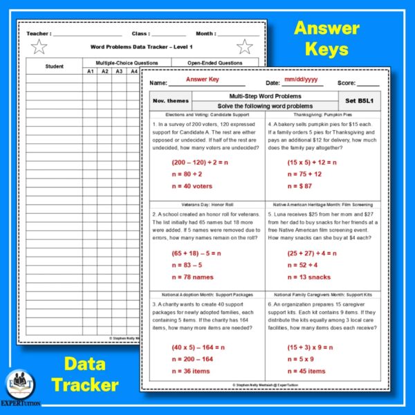 one-step multi-step word problems with November themes worksheets