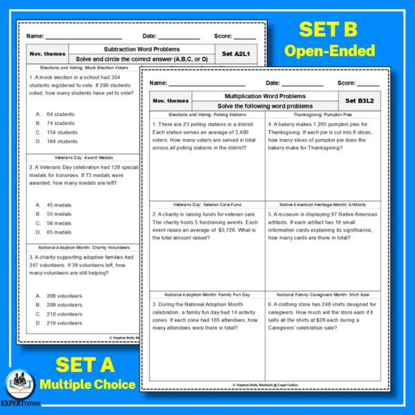 one-step multi-step word problems with November themes worksheets